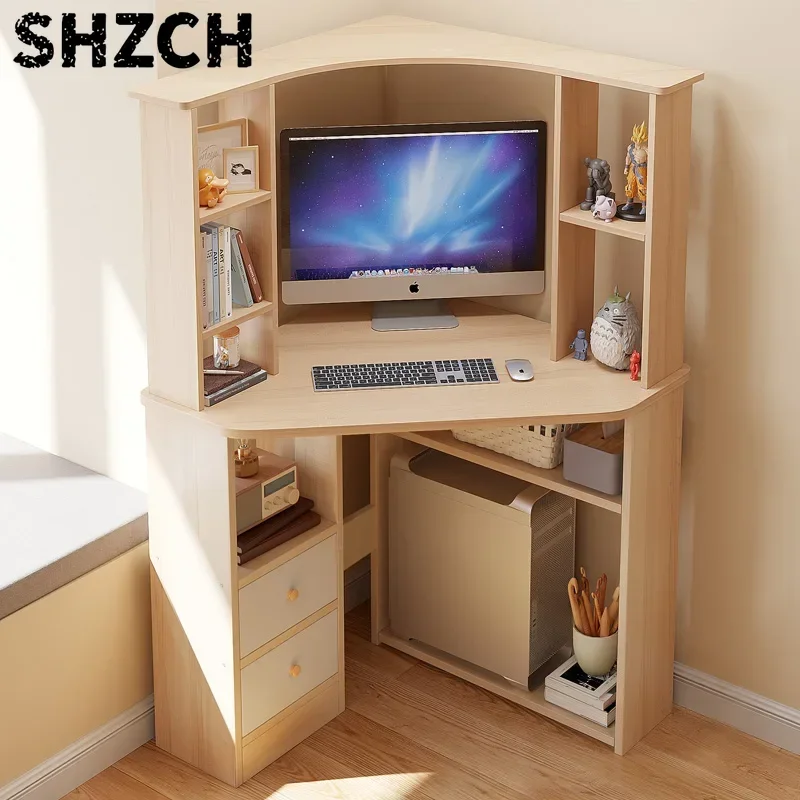 Modern Corner Desk with Bookshelf Storage for Home Office and Study Corner Writing Desk with Storage Shelves for Small Space