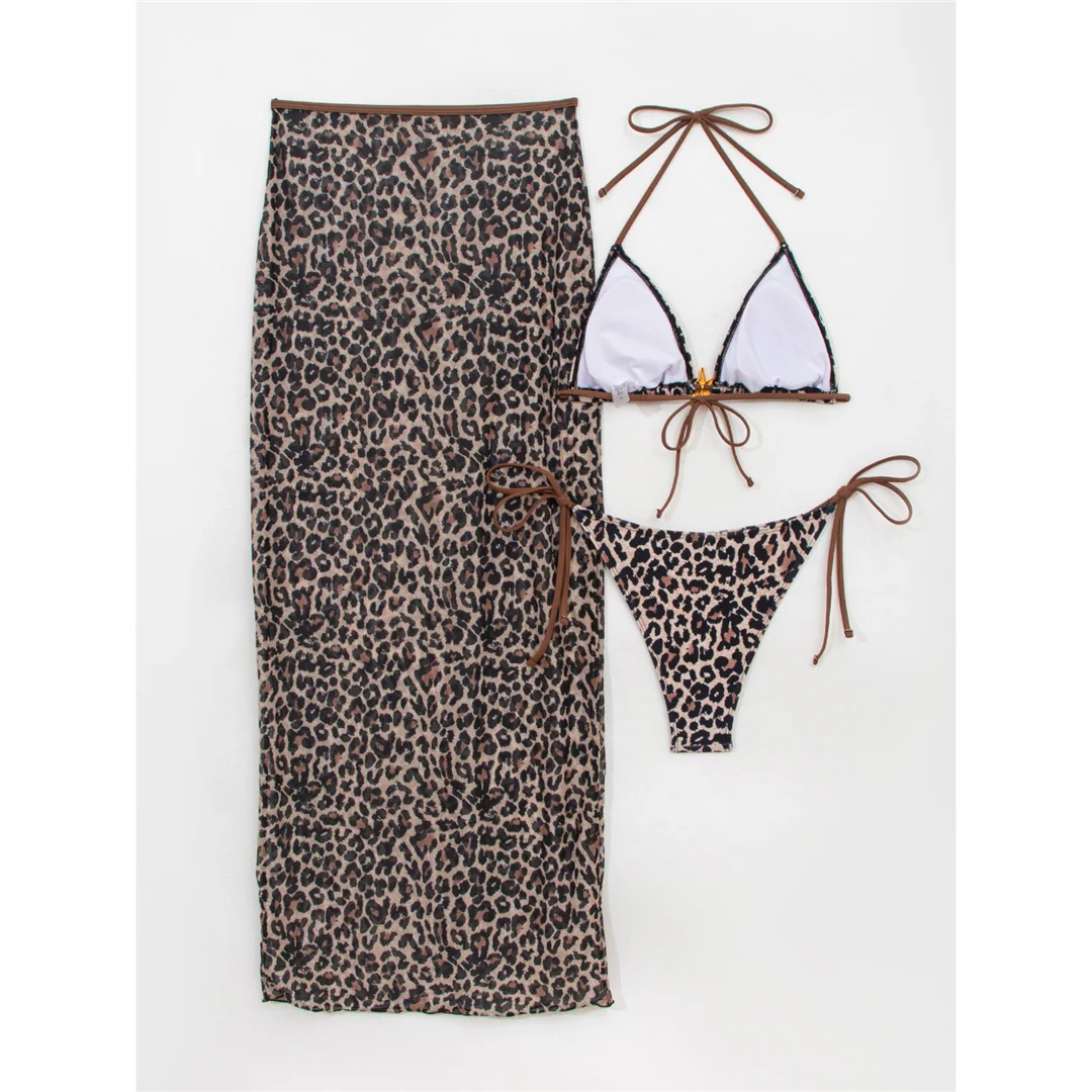 XS - L Leoparden-Halter-Bikini mit Rock, Damen-Badeanzug, dreiteiliges Bikini-Set, Badebekleidung, Badeanzug, Schwimmbekleidung V6787L – Detail 10