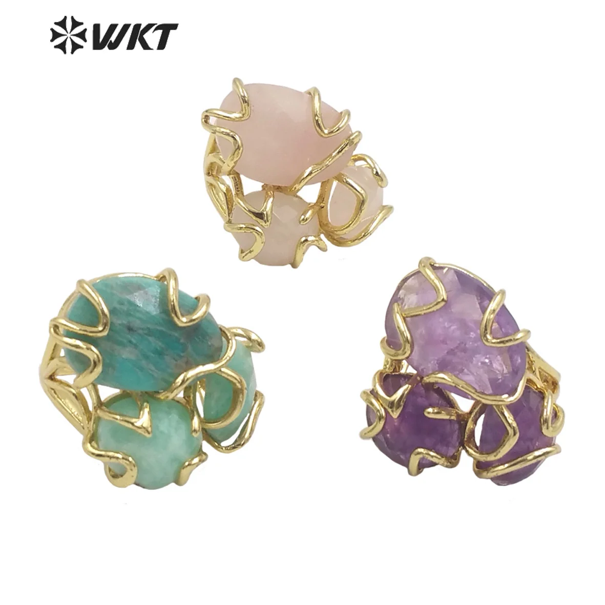 WT-R419 Wholesale Amazing Gorgeous Prong Setting Triple stone Ring Rose quartz Party Ring Precious gemstone Lover Ring for girl