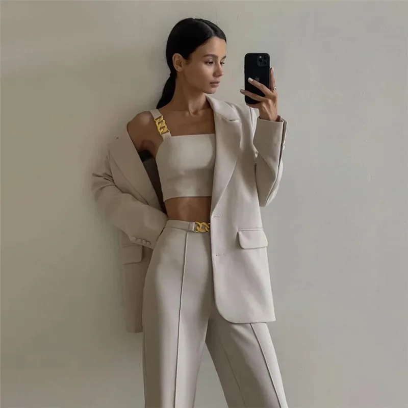 Casual Solid Fashion Two Piece Sets Women 2025 Crop Top Long Pants Matching Set Summer Athleisure Outfits Chain Decorate