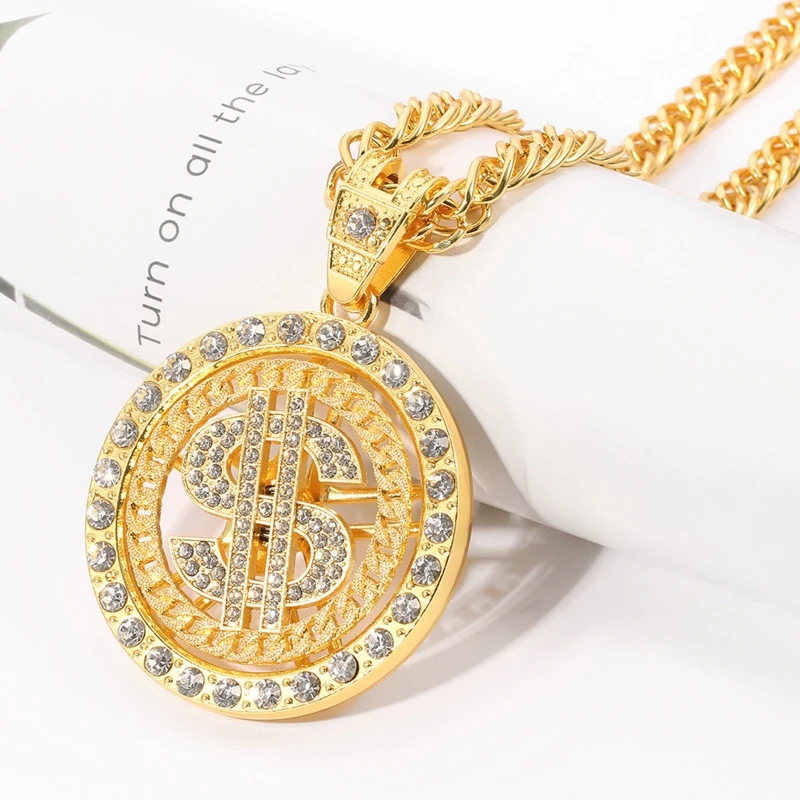 

Dollar Sign Necklaces Money Chain 80 90s Hip Hop Rotatable Dollar Necklace Big Gold Chain Rapper Costume Jewelry for Men