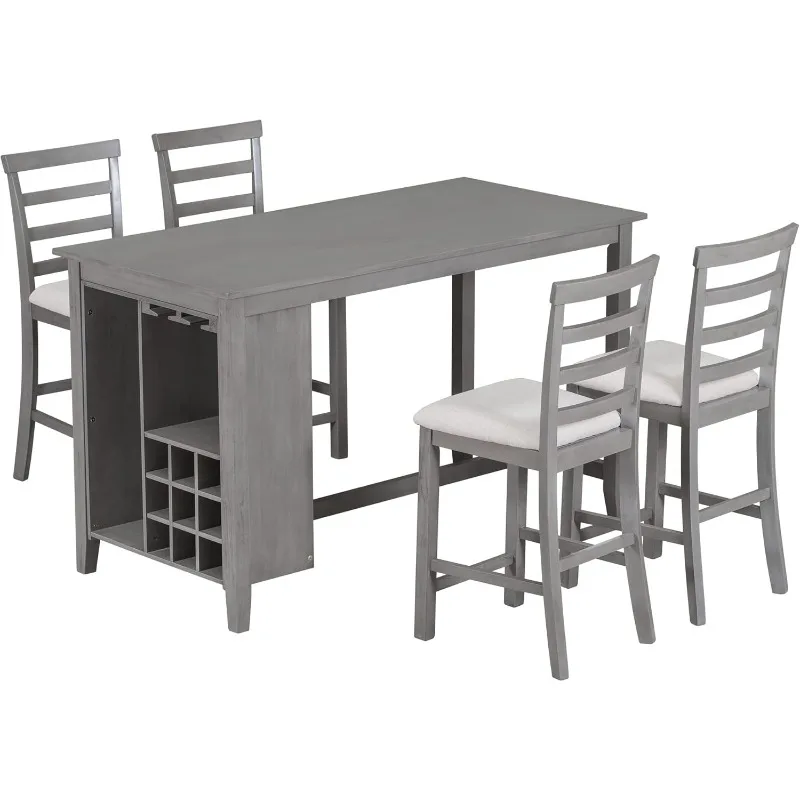 

Multi-Function Rubber Wood Counter Height Dining&Set with Padded Stools and Integrated Bar Wine Compartment, Wineglass Holders