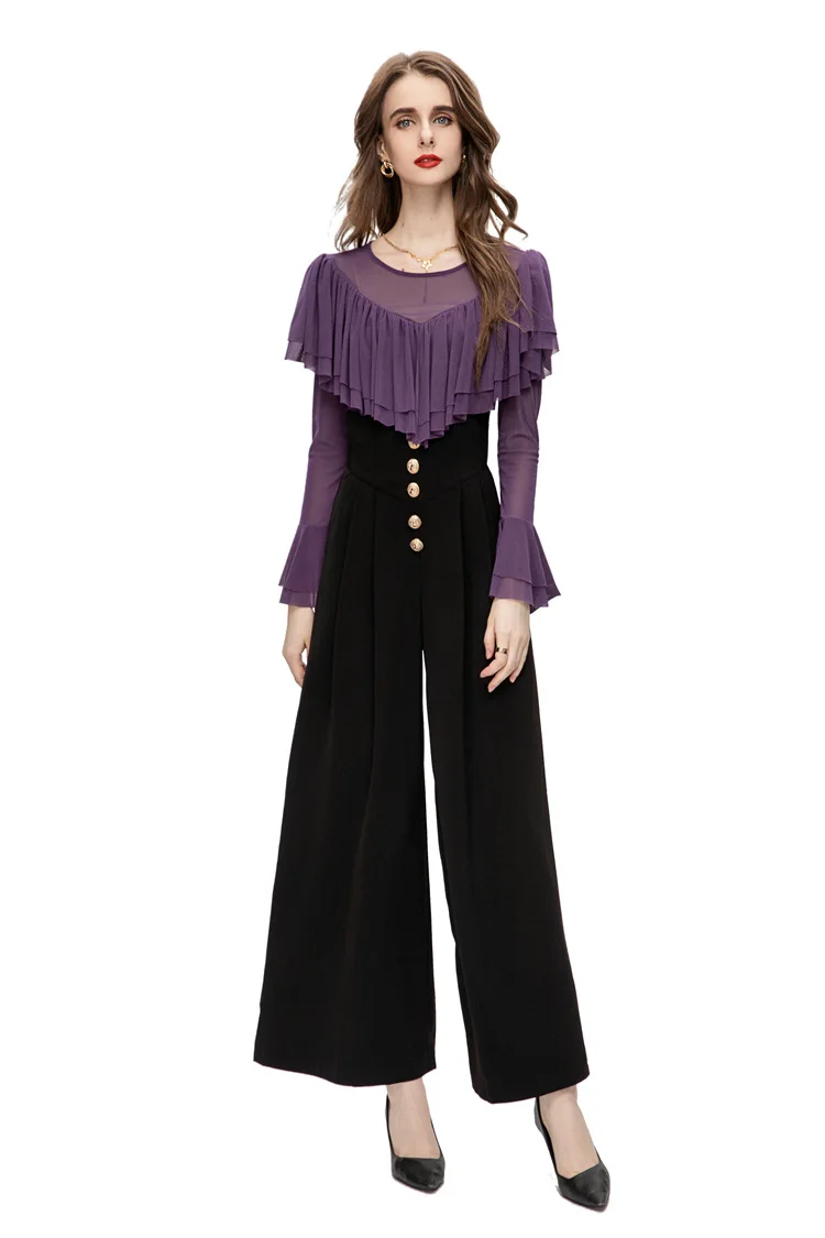 

2023 Early Spring New Temperament French Leisure Commuting Fashion Mesh Slim Fit Top Wide Leg Pants Set