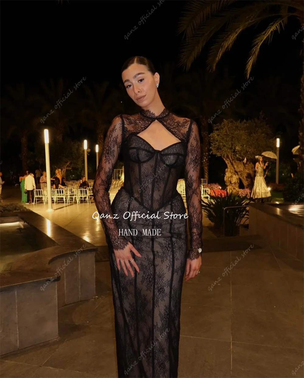 Qanz Moder Abiti da sera neri con giacca Abiti in pizzo Para Mujer Sirena Sheer Maniche lunghe Abito da festa con spacco Personalizzato