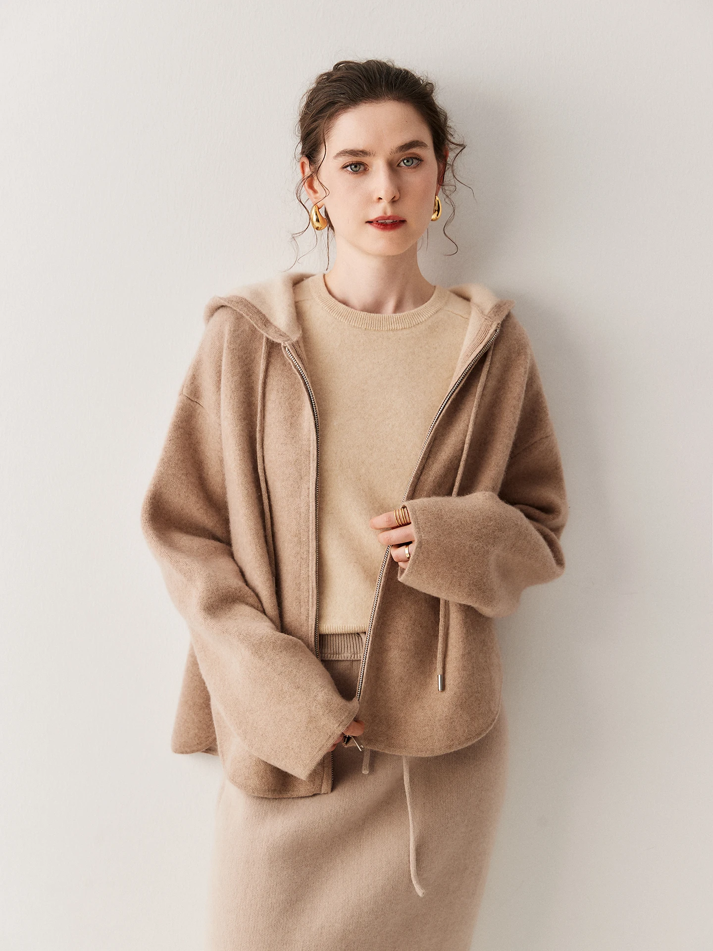 

TLOML Luxury Women's 100% Cashmere Sweater Thicken Zipper Hoodie Cardigan Casual Autumn Winter Soft Warm Loose Two-color Coat