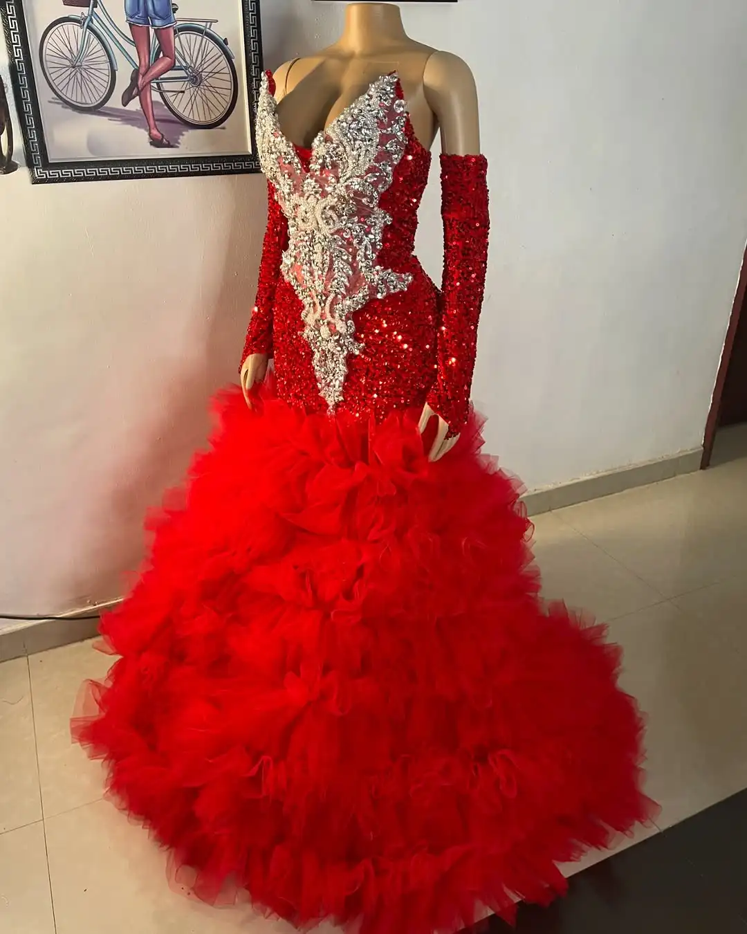 

Red Sparkly Sequin Mermaid Prom Dresses Long for Women 2025 Lace Appliques Ruffle Tiered Crystal Formal Evening Gowns Customized