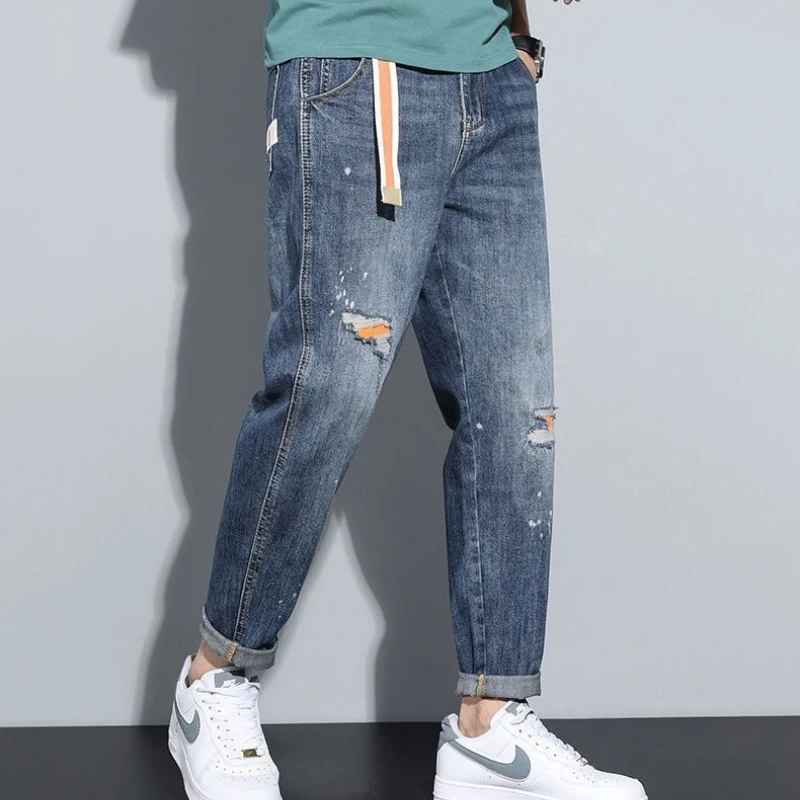 Jeans Berlubang untuk Pria Celana Panjang Rusak Longgar Longgar Robek Tren 2025 Kaki Lebar Mode Kpop Asli Xs Celana Koboi Pria Robek