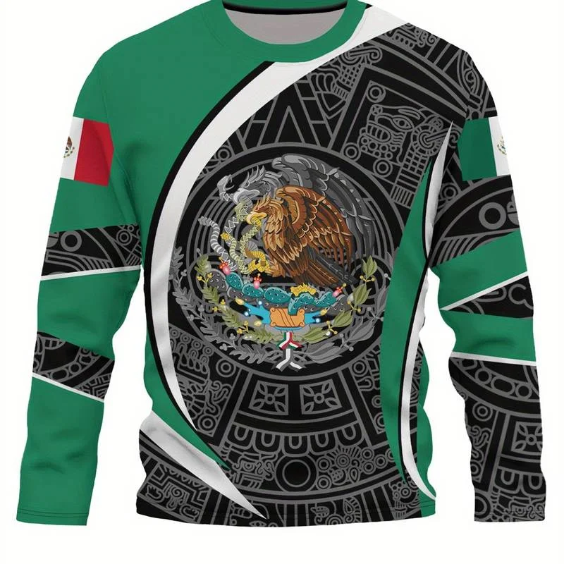 Mexican Flag Map 3D Printing Long Sleeve T Shirt Mexico Flag AZTEC Graphic  Long Sleeve Crew Neck Shirt Oversized T Shirt Men