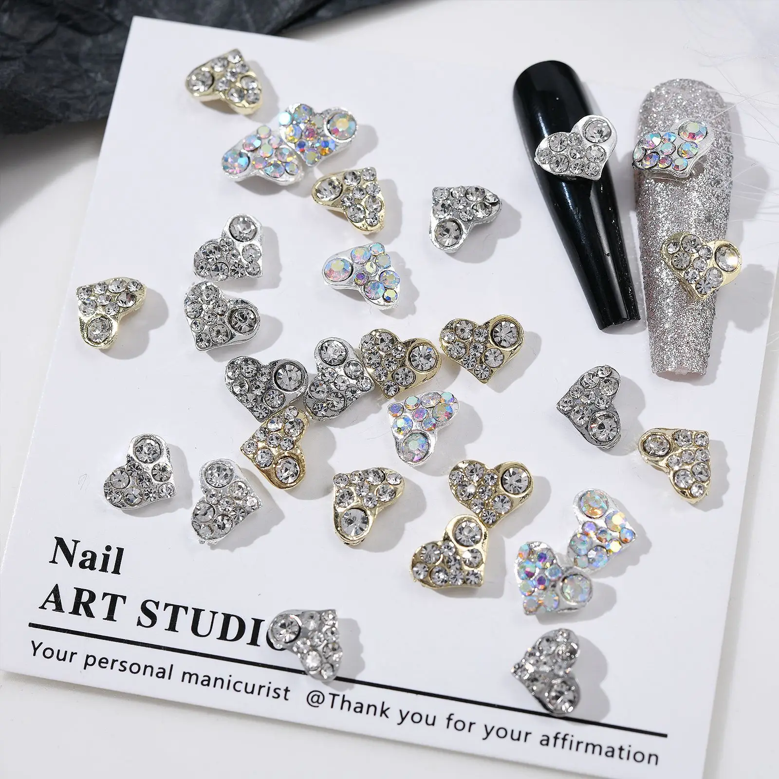 أظافر على شكل قلب ألماس جذابة ، ثلاثية الأبعاد فضي وأبيض k قلب حب ، أكسسوارات معدنية فاخرة ، 6x8x10 مجوهرات للأظافر