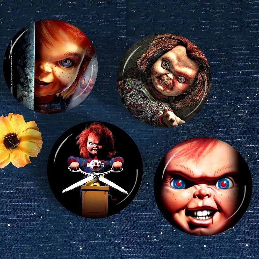 C-Classic-Chucky-Horror-Movie Round Button Pins Slogan Creative Brooches Backpack Clothes Decoration Fashion Cartoon Jewelry