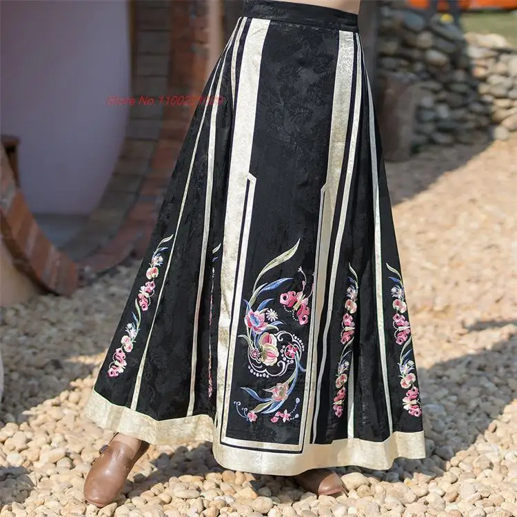 2025 traditional chinese vintage skirt women national flower embroidered satin skirt oriental satin jacquard folk a-line skirt