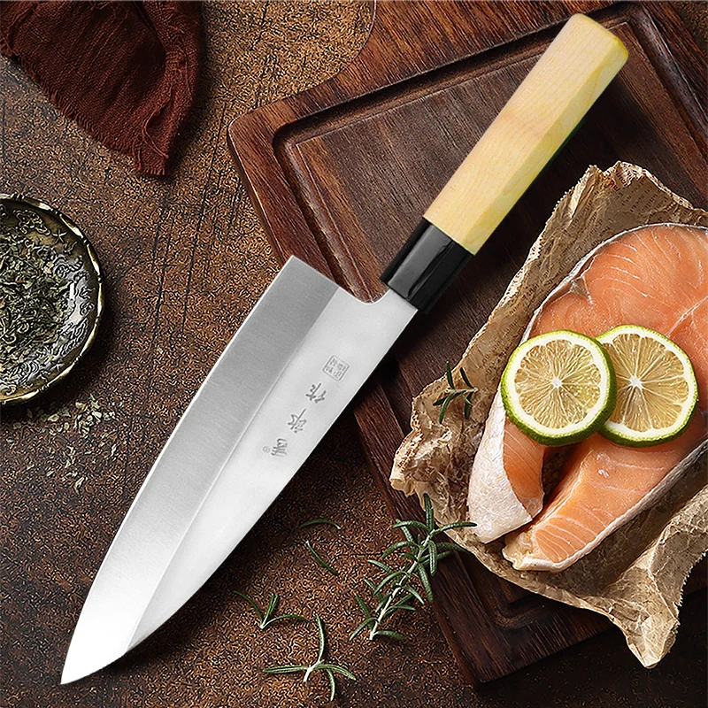 

Stainless Steel Sashimi Knife 8 Inch Chef Knife Cleaver Meat Slicing Vegetables Wood Handle Japanese Kitchen Fish Knife with Box