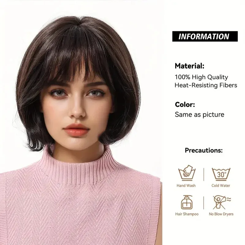 ショート ストレート ボブ 合成ウィッグ ダークブラウン 前髪付き女性用合成ウィッグ