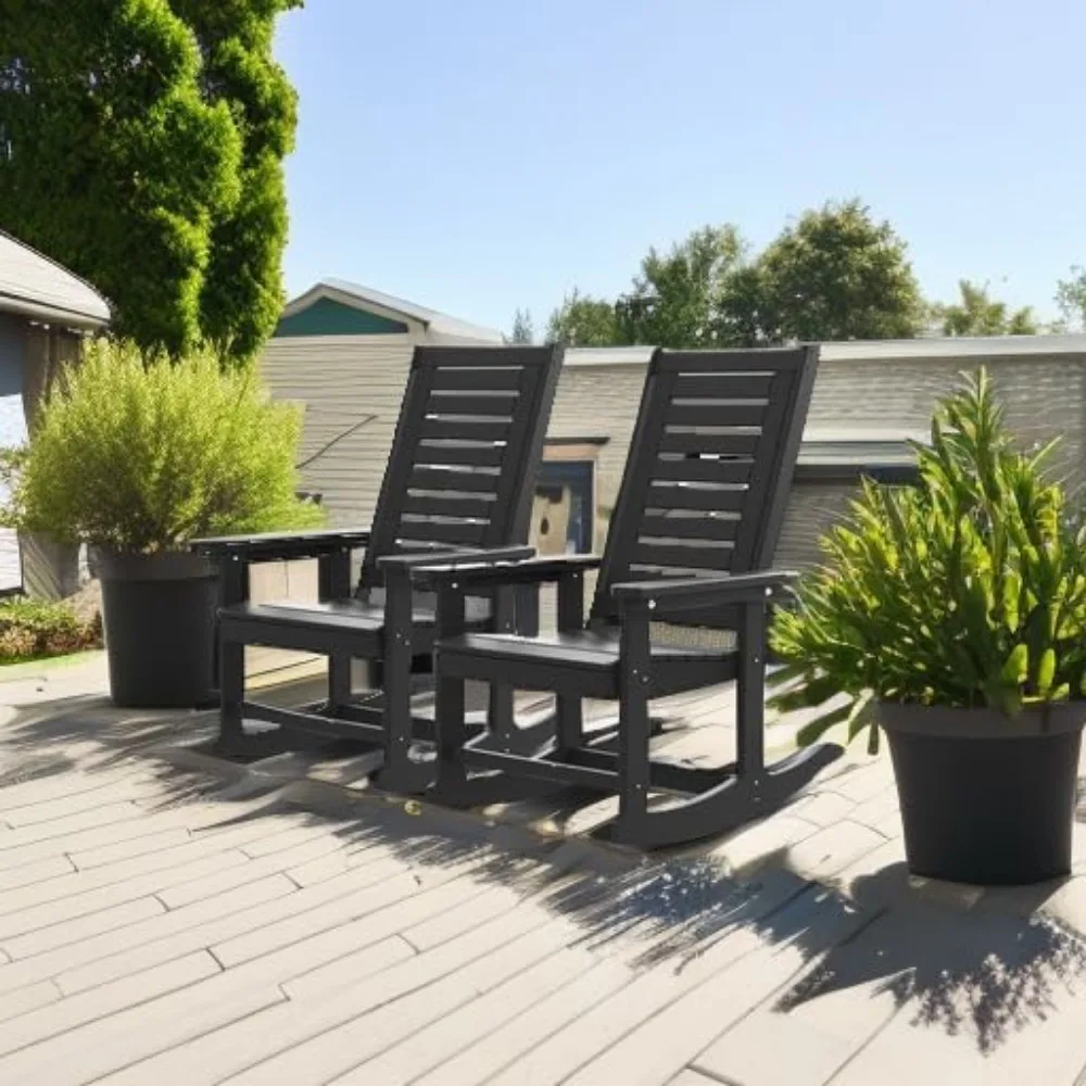 

Outdoor Rocking Chairs, Porch Rocker, HDPE Plastic, High Back Big & Tall, Black Oversized Rockers Set of 2