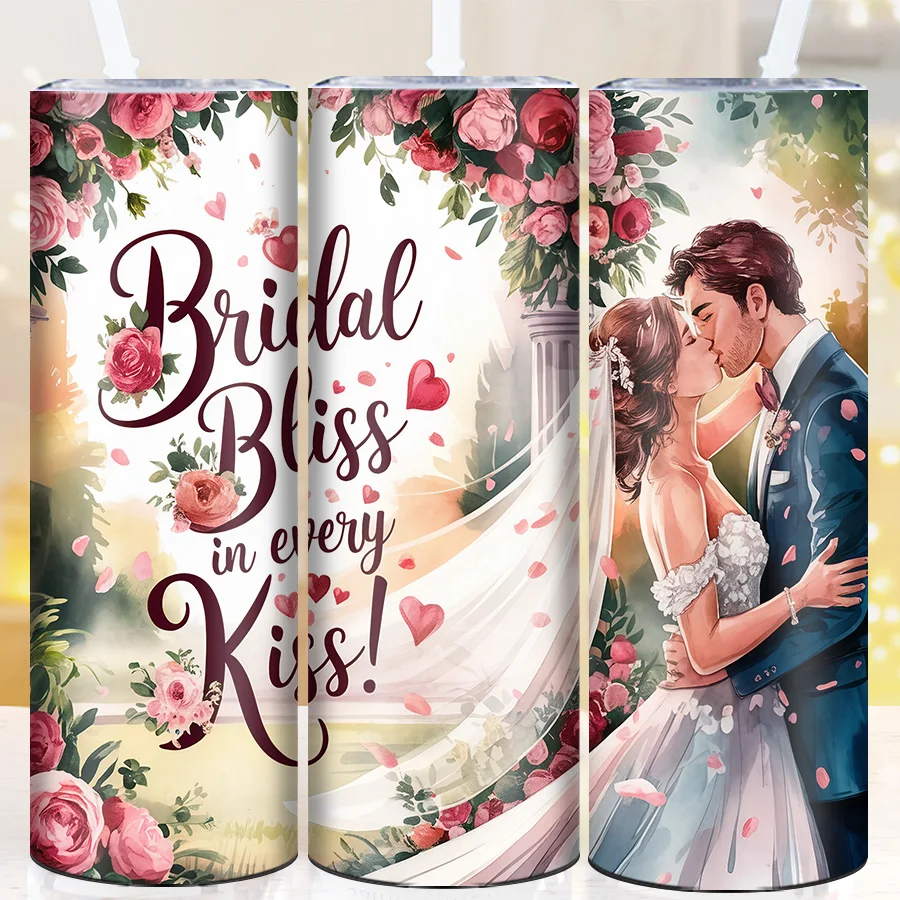 1Pc 3D Print Wedding Scene Bride Groom Kiss Party Tumbler Lid Straw 20oz Stainless Steel Skinny Straight Drink Mug Wedding Bless