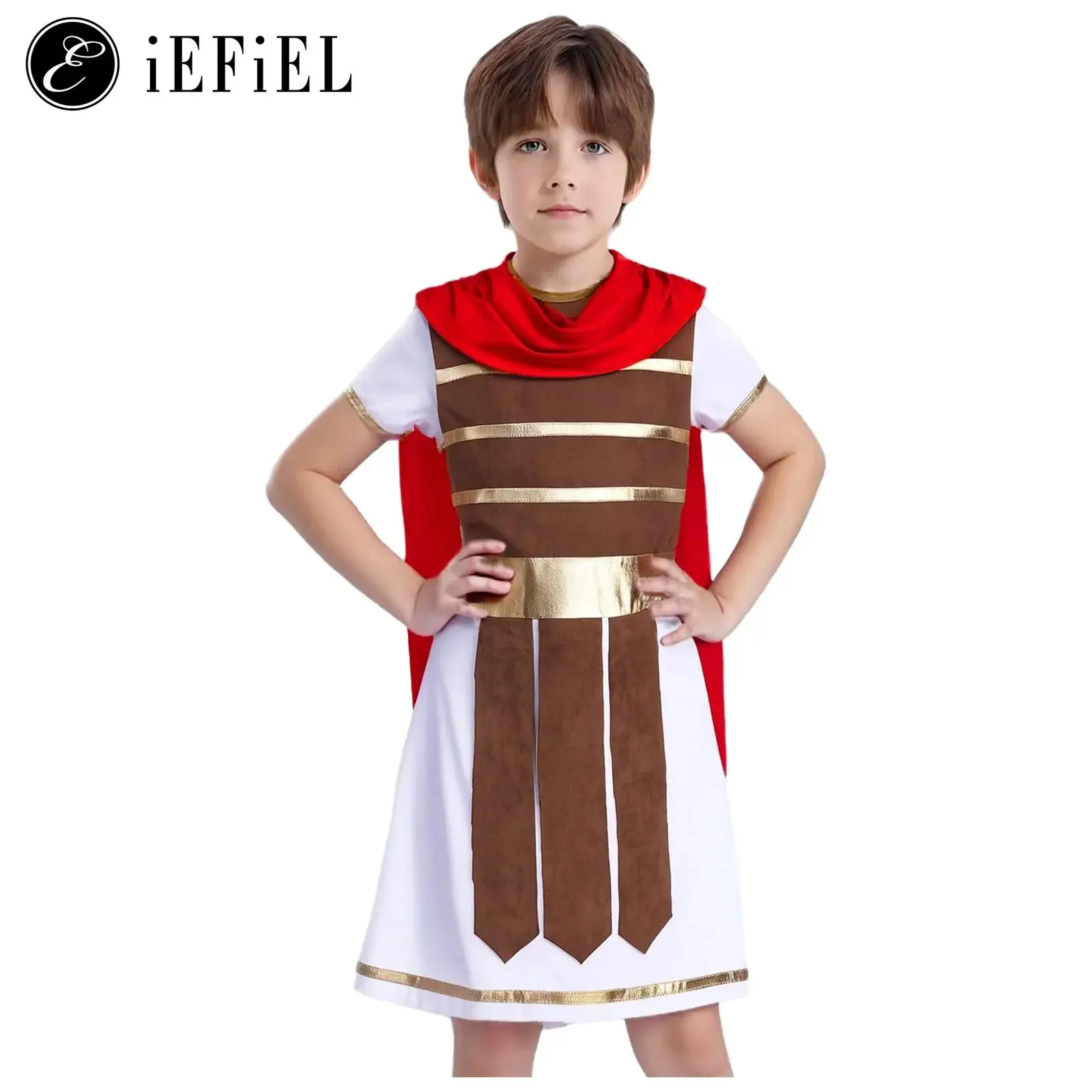 

Boy Ancient Roman Spartan Warrior Halloween Cosplay Costume Medieval Soldier Gladiator Short Sleeve Cape Back Tunic Gown
