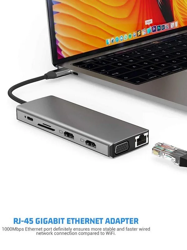 12-in-1 USB-C Multiport Docking Station Aluminum Alloy Dual HDMI VGA Output Mirror Extend USB Hub for Type-C MacBook Laptops - view 4
