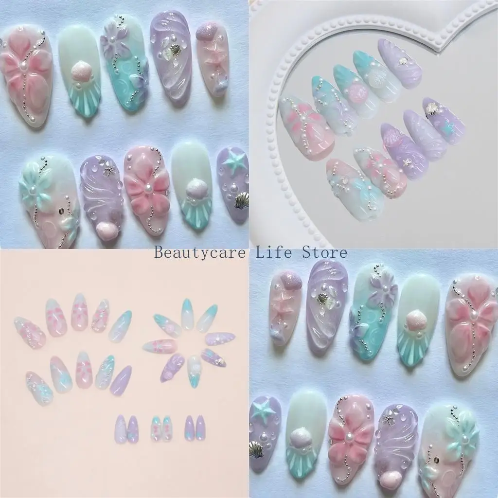 

652C Набор из 24 3D цветочных жемчужин, морская звезда, блестящие стразы, накладные ногти, полный набор, дизайн ракушки с омбре