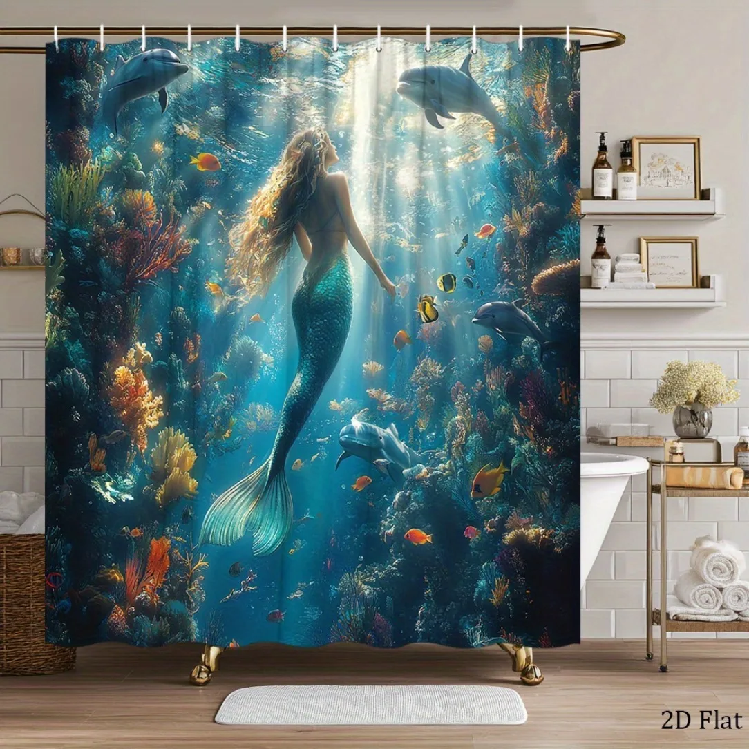 2D Flat, 2D Flat, 2D Flat Shower Curtain 1pc, Mermaid Blue Sea Coral Shower Curtain, Multi-Size Selection, Polyester Comfortable