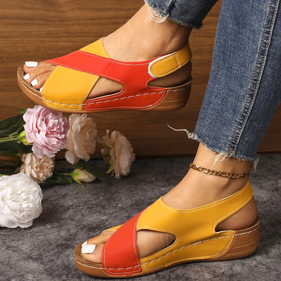 Sommer Damen Keilsandalen mit dicker Sohle und runder Spitze, mehrfarbige Sandalen, modische rutschfeste Strandschuhe, Sandalen für Damen, große Größen 36-43