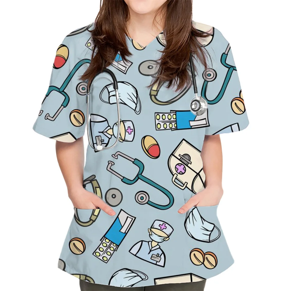 Dames Chirurgische Uniformen Medisch Product Grafische Print V-Hals Scrub Tops Elegant Korte Mouw Zak Ontwerp Verpleegster Uniform