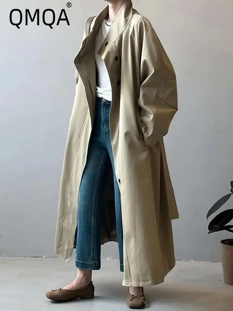 

QMQA Fashion Women's Office Lady Belt Gathered Waist Trench Stand Neck Single Breasted Fashion Windbreaker Female Coats QM469