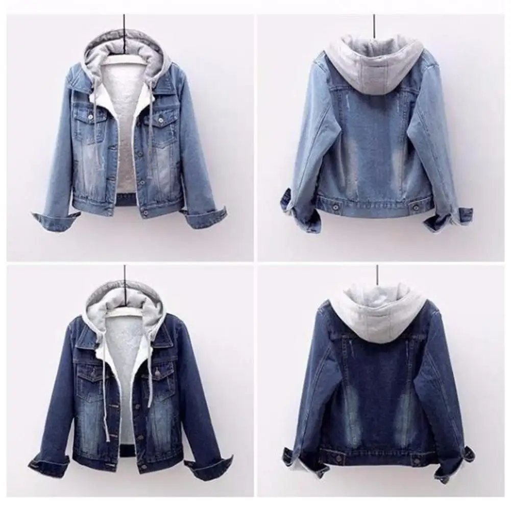Winter Jacket Detachable Hat Flap Pockets Thermal Plus Size Denim Winter Jacket   Lady Coat  for School