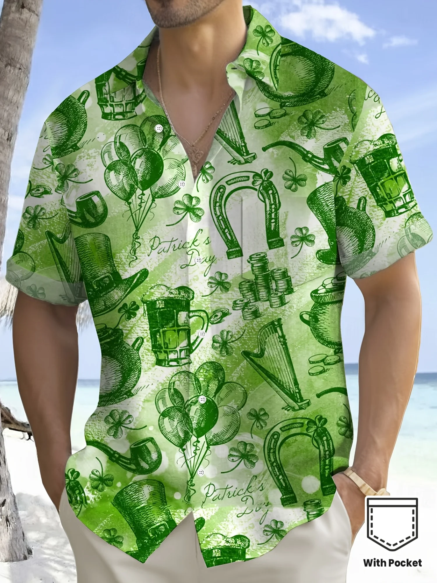 

Men's Hawaiian Shirt St. Patrick's Day Shamrock Beer Print Short Sleeve Button Down Casual Aloha