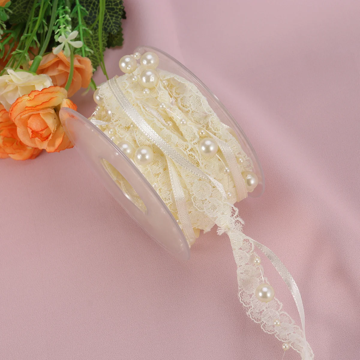 

Beaded Pearl String Satin Organza Ribbon For Wedding Christmas Snowflake Craft Decoration Winter Party Trim Beige