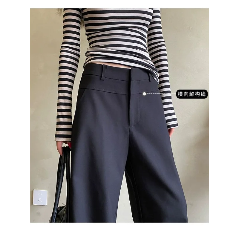 Damskie czarne spodnie garniturowe z szerokimi nogawkami, wysoki stan, drapowane, wąska wersja, spodnie na wiosnę i jesień, codzienne, proste, luźne.