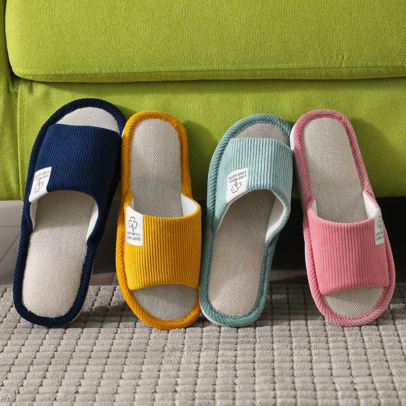 Women Indoor Slippers Corduroy Floor Flat Shoes Comfort Anti-slip Home Flax Linen Slipper Unisex Woman Men House Cotton Slides