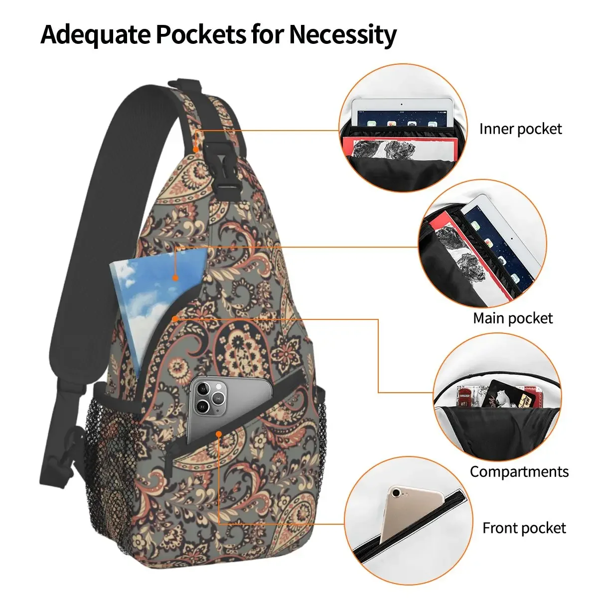 Paisley Boho Sling Bags Chest Crossbody Shoulder Sling Backpack Outdoor Hiking Daypacks Ornate Floral Casual Satchel