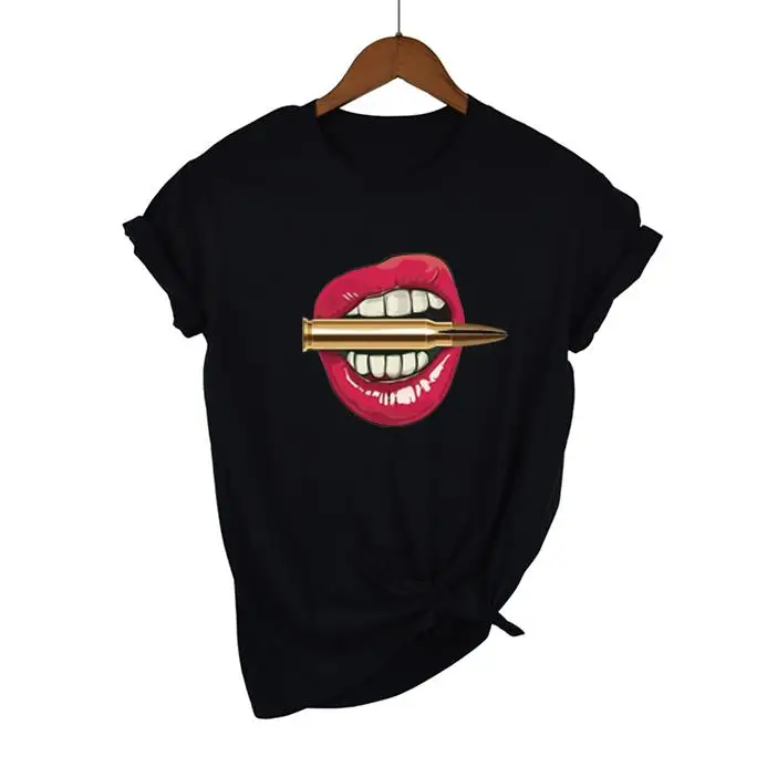 2021 women's shirt printed sexy T-shirt red lips round neck short-sleeved T-shirt women's basic T-shirt Rebel white T-shirt