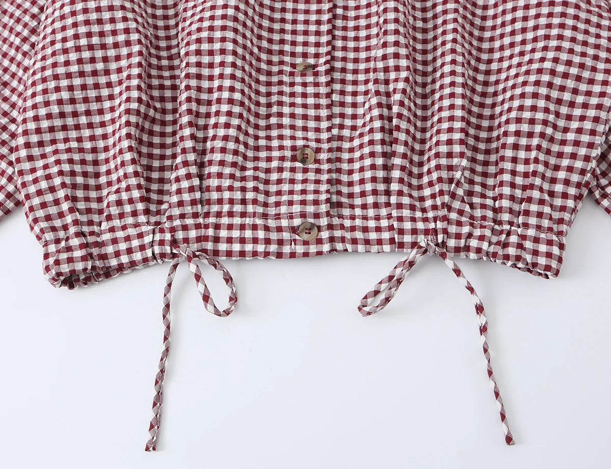 BSAY New Ladies Cropped Gingham Plaid Outerwear Stand Collar Long Puff Sleeve Button Up Drawstring Hem Casual Loose Check Jacket