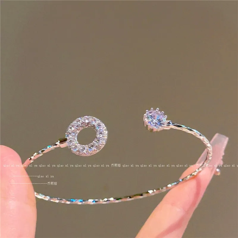 CC Cuff Bracelet Asymmetry Round Shape Silver Color Adjustable Bangle Shining Zirconia Women Accessories Trendy Jewelry J1450