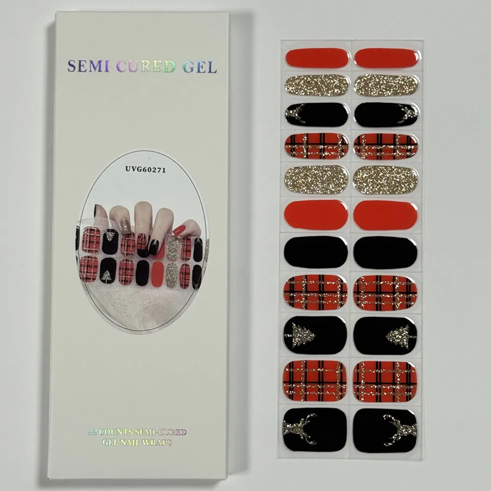 22Tips Christmas Semi-Cured Nail Wraps Simple Color Adhesive Waterproof Long Lasting Gel Nail Stickers for Manicure UV Lamp Need