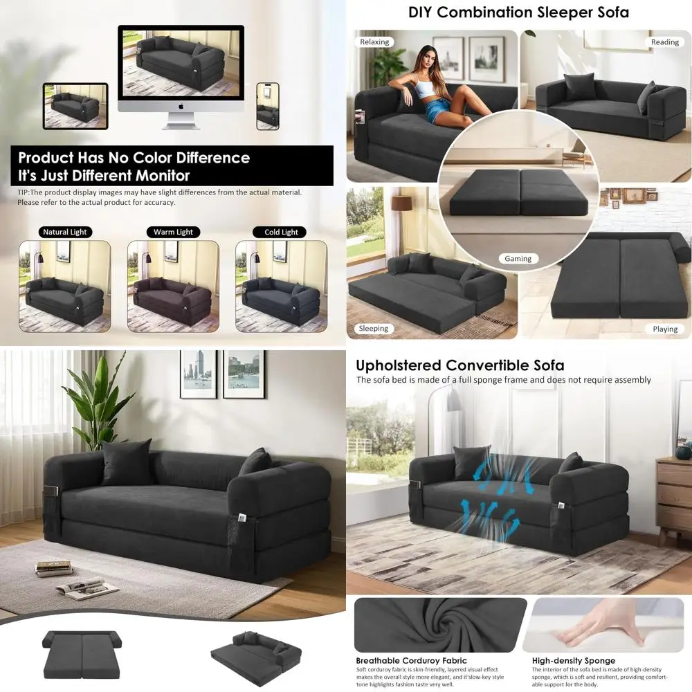 Sofá cama convertible de pana 3 en 1, sofá plegable con almohadas, sofá de almacenamiento moderno, gris oscuro