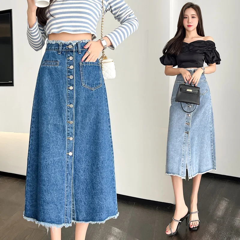 

Women Fashion Split Mid Calf Length Skirts Casual Stripe Splicing Denim Skirts Vintage Oversize High Waist Jeans Skirts Faldas