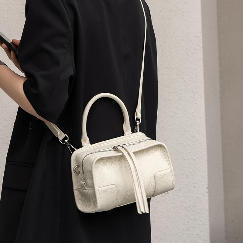 Genuine Leather Women's Handbag Boston Bag Zipper Closure Messenger Shoulder Bags For Woman Luxury Designer Cowhide Mini Bag