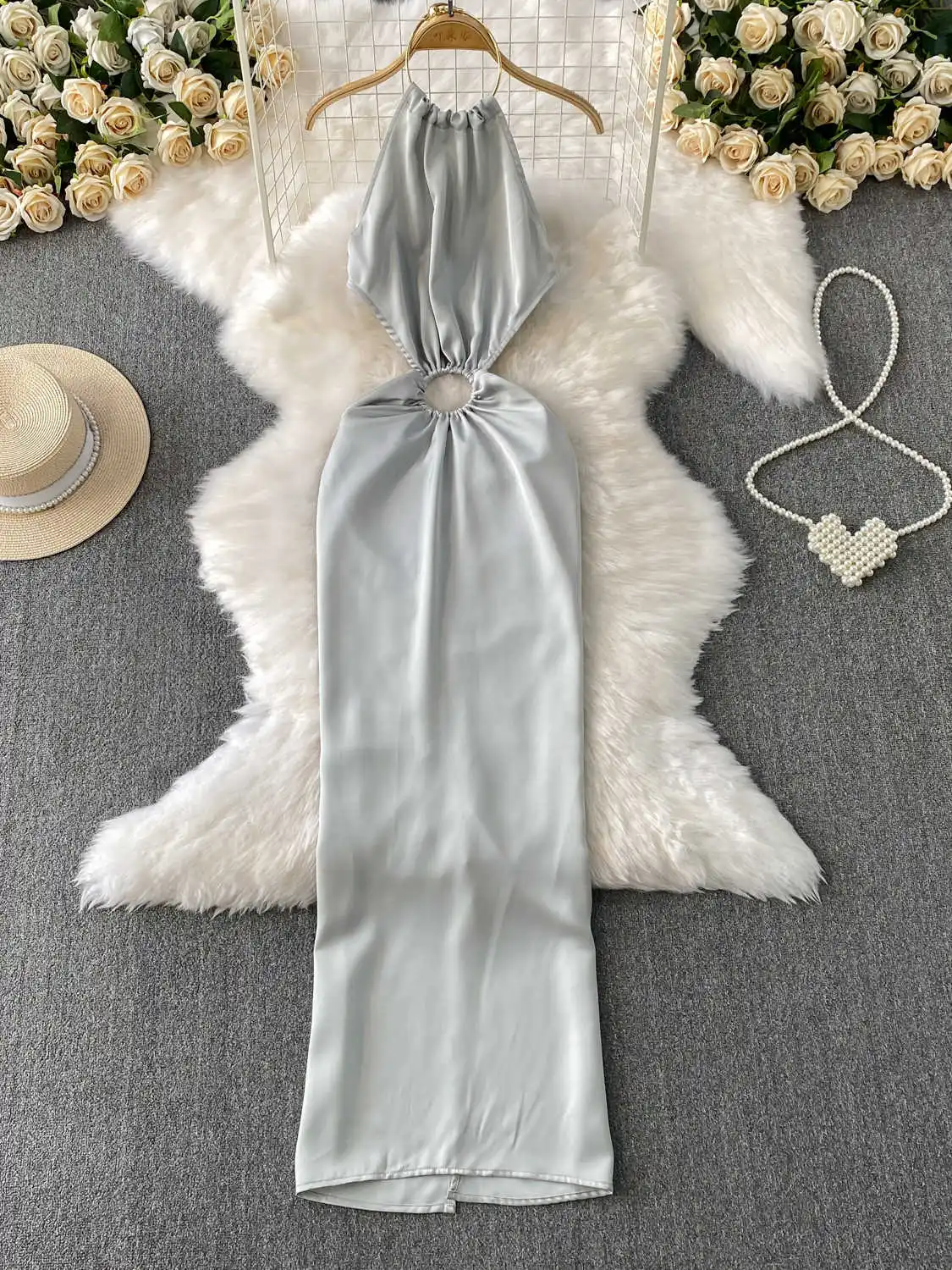 

Женский пляжный сарафан с открытыми плечами, праздничное длинное платье без рукавов, ажурные платья с разрезом Y2k, цельные платья, одежда 2000-х годов