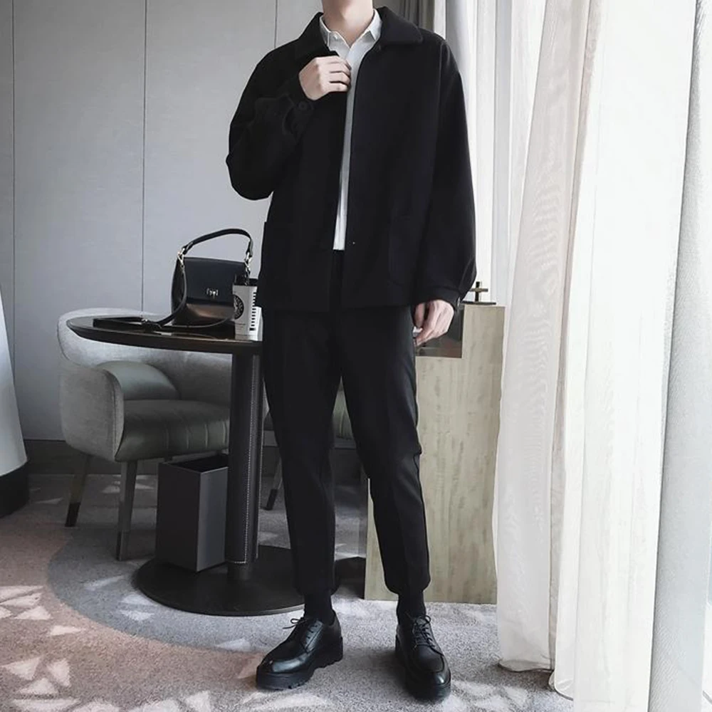 Retro Suit Jacket Mens Windbreaker Korean Style Trendy Casual Loose Suit Jacket Handsome Autumn And Winter Solid Color Coat Men