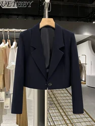 Giacca da abito Ultra corta blu Navy per donna 2024 nuova primavera e autunno cappotto Blazer manica lunga moda elegante stile coreano