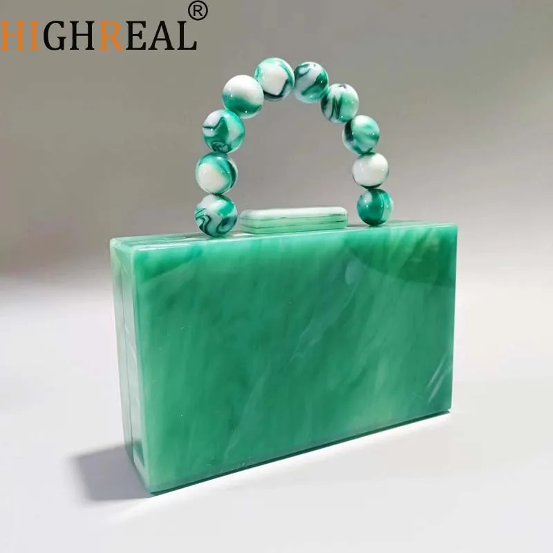 

HIGHREAL Beaded Handle Acrylic Clutch Pearl HandBags Women Evening Bag Party Prom Purses Chains Banquet Hard Box Wallet