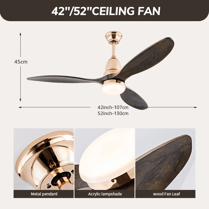 French Gold 52 Inch Wood Ceiling Fan With Lights  And Remote Control Modern Ceiling Light With Fan Wooden Fan Blade