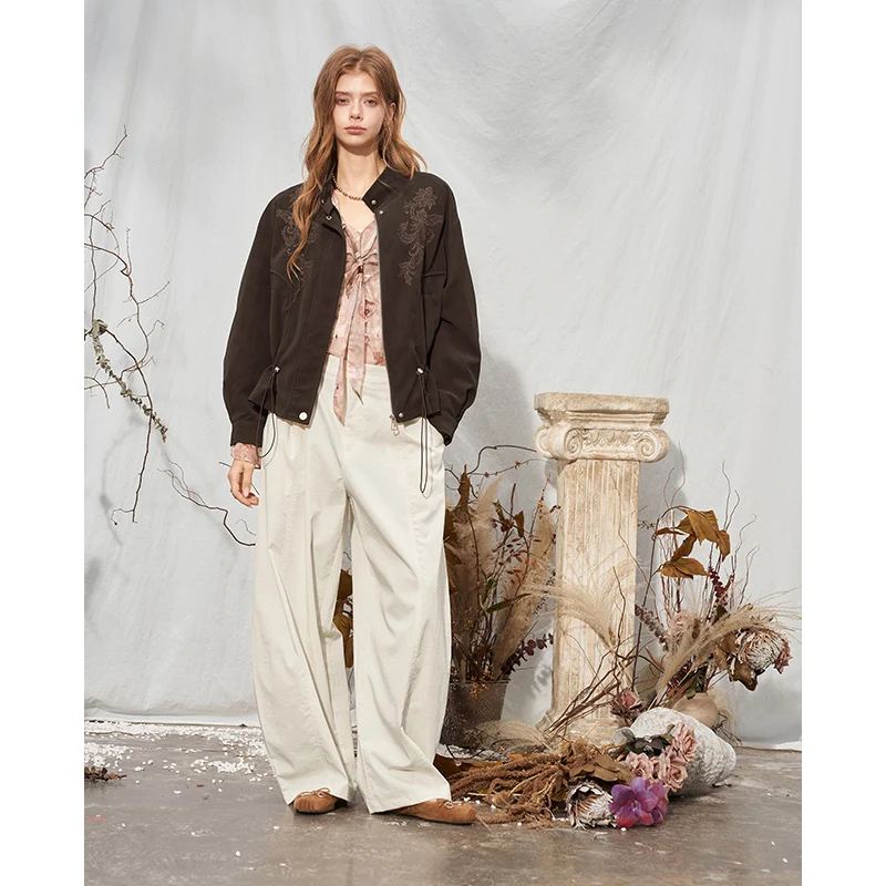 ELFSACK Women Vintage Stand‑Collar Jacket with Floral Embroidery, Drawstring Hem Zip‑Up Outerwear for Autumn Daily Outfit