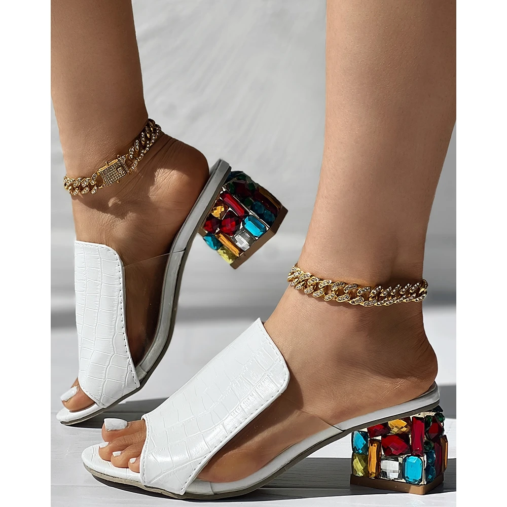 Summer Women Wide Strap Colorful Square Heel Slippers Casual Outdoor Flats Shoes Summer Peep Toe Going Out Slippers Sandals