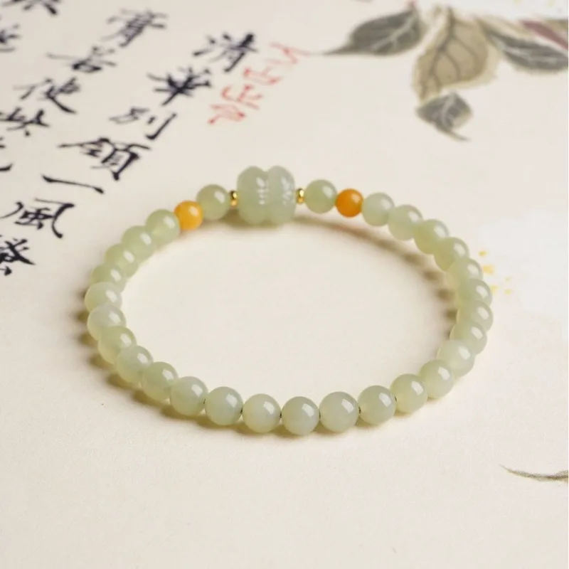 Handmade Qing Shui Hetian Jade Twin Lotus Single Bracelet with Old Butter Gomu Amber for Elegant Wrist Gifts