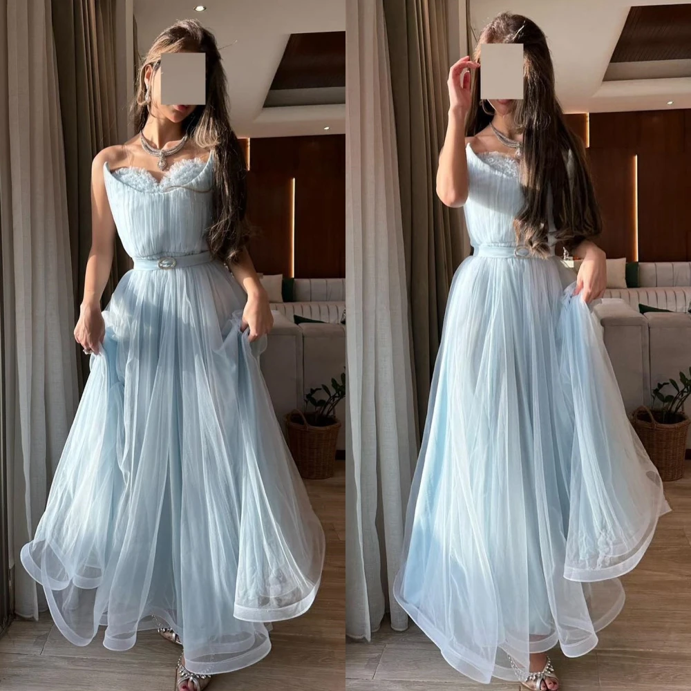 

Exquisite High Quality Strapless A-line Prom Dresses Anke Length Formal Ocassion Gown Tulle vestidos de ocasión formales فساتين