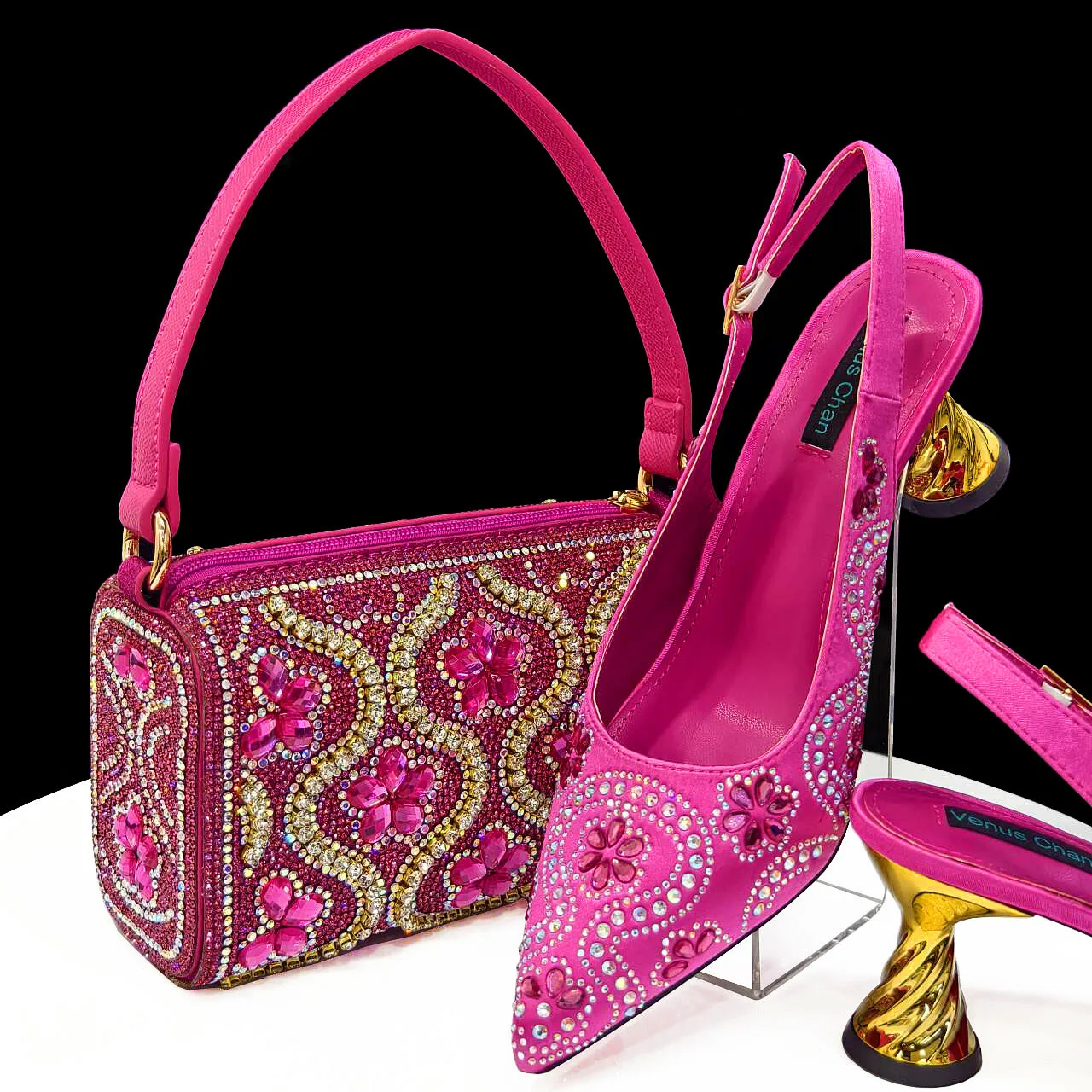 Italian Design New Trend Fuchsia Color Satin with Print Line Texture Exquisite Metal Buckle Decor Women's Banquet Shoes And Bag