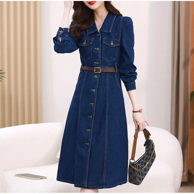 Vestido camisero vaquero de manga larga para mujer primavera otoño nuevos vestidos Retro moda femenina vestidos vaqueros medio largos de un solo pecho